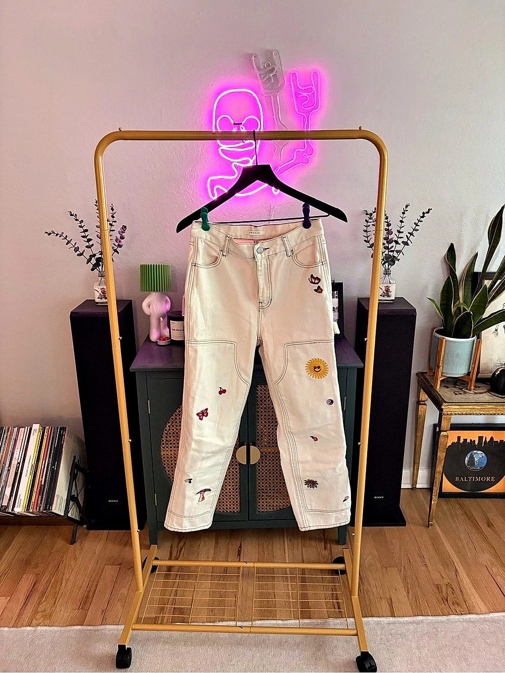 Pacsun High Rise Carpenter Embroidered Jeans Off White Waist 27 Like New